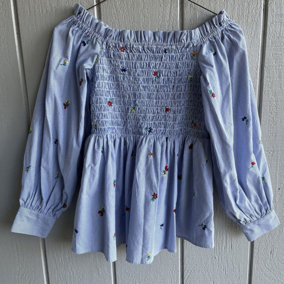 SUNO Smocked Off Shoulder Embroidered Floral Top‎ Striped Blue Size 2 - Picture 1 of 9